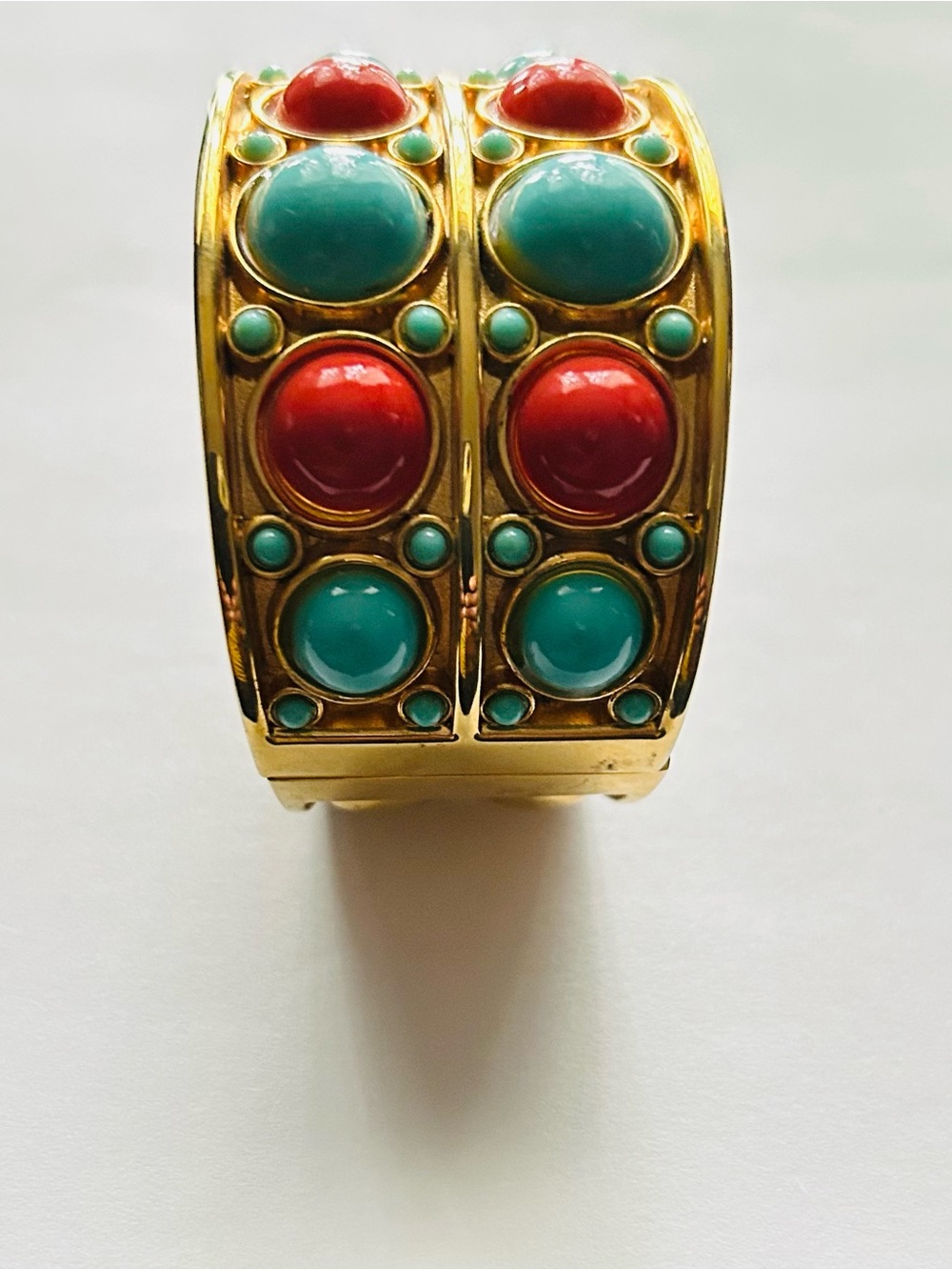 Vintage Silver Hinged Clamper Bracelet Coral Turquoise Cabochon Stones